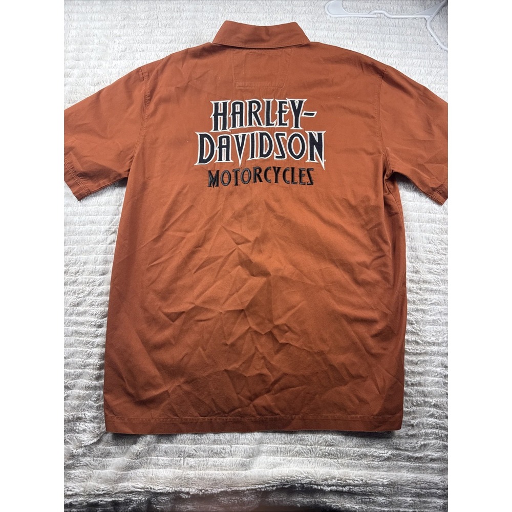 Harley Davidson Embroidered Logo Garage Mechanic Work Shirt Orange Mens Size M